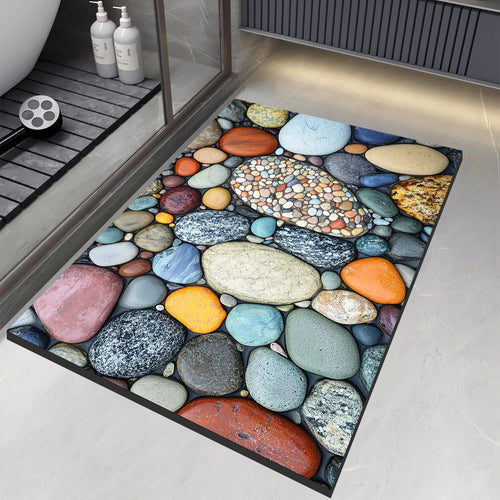 Alfombra de Baño 3D Antideslizante · Secado Rápido · Estampado de Piedras