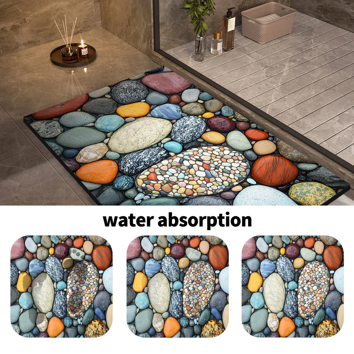 Alfombra de Baño 3D Antideslizante · Secado Rápido · Estampado de Piedras
